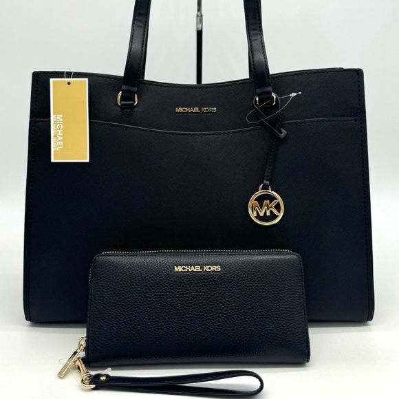 Michael Kors Large MF Pocket Shoulder Tote Bag & Continental Wallet Black/Gold - Picture 1 of 15